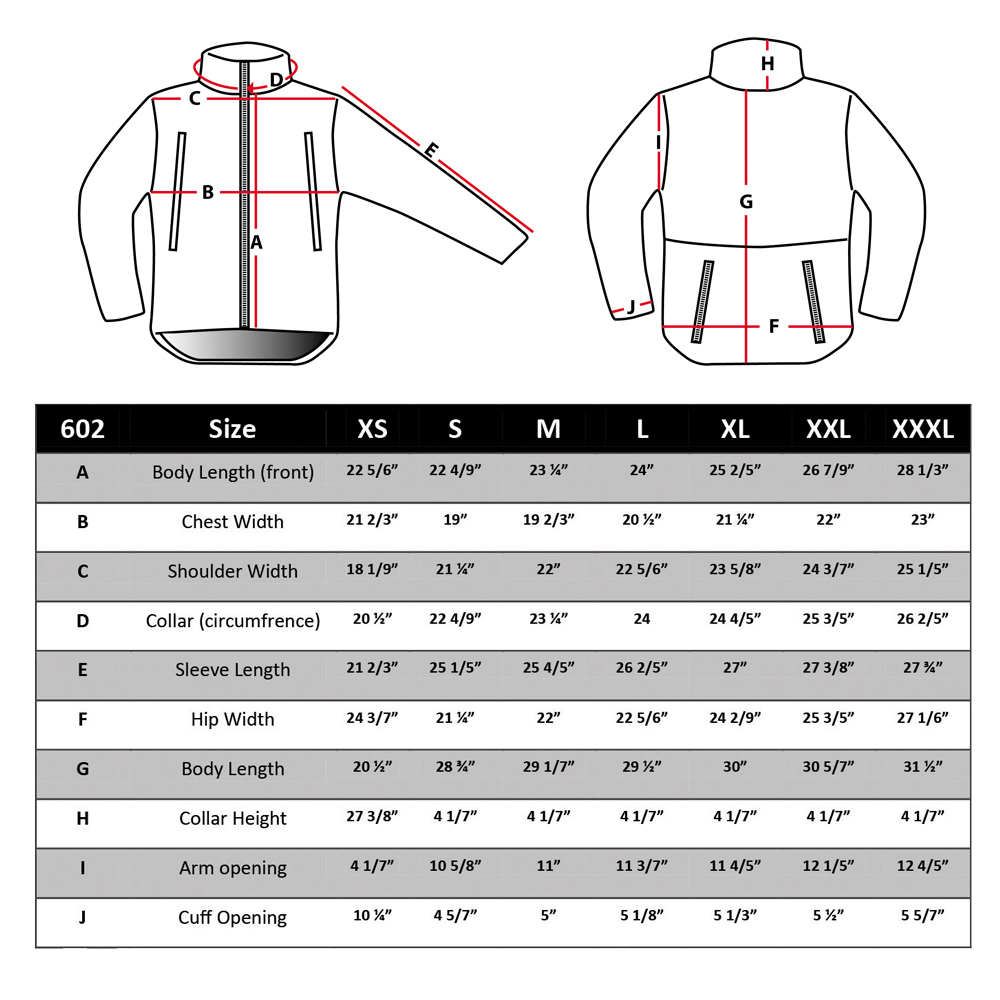 Condor Jacket Size Chart